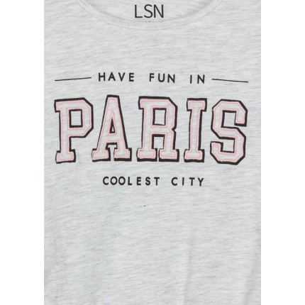 Detalle estampado de Camiseta LSN chica junior Paris con bajo elástico
