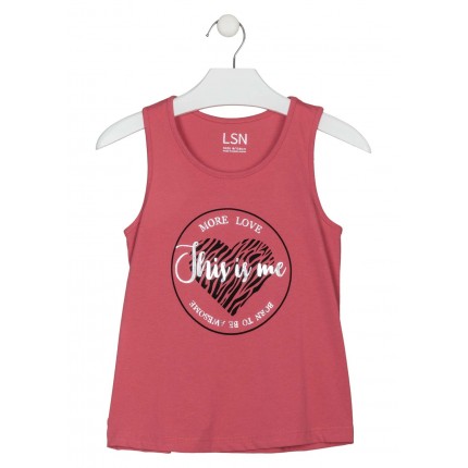 Camiseta LSN chica junior básica sin mangas en punto liso con print en Fresa